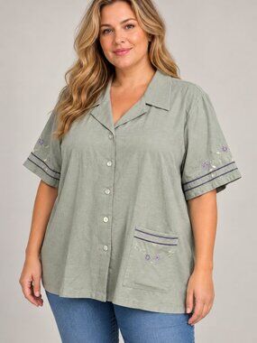 Cervelle 1X Green 100% Silk Embroidered Button Down Shirt NWT Plus Size